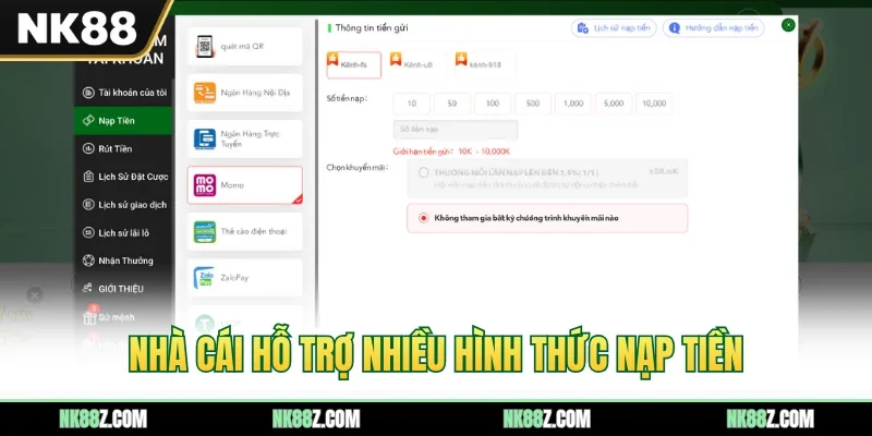 Nhà cái hỗ trợp nhiều hình thức nạp tiền